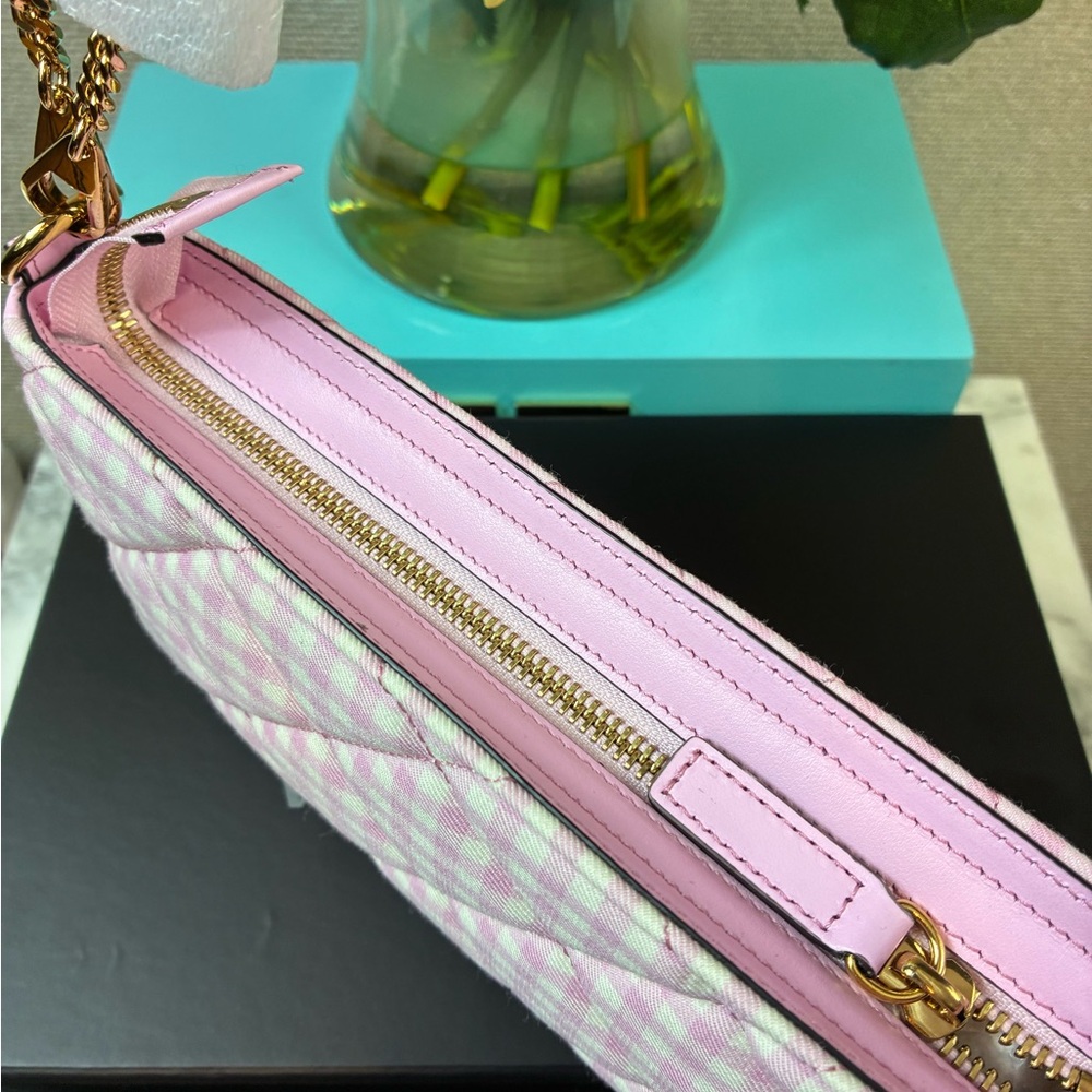 NWT Authentic Versace Pink & White Plaid Fabric Shoulder Bag w/ Dustbag & Box - Picture 9 of 12